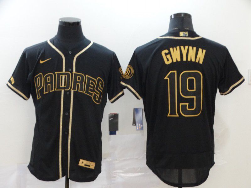 Men San Diego Padres #19 Gwynn Black Retro gold character Nike Elite MLB Jerseys->san diego padres->MLB Jersey